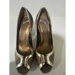 Schutz Peep Toe Heels Brown Gold Metallic Stiletto Pumps Women
